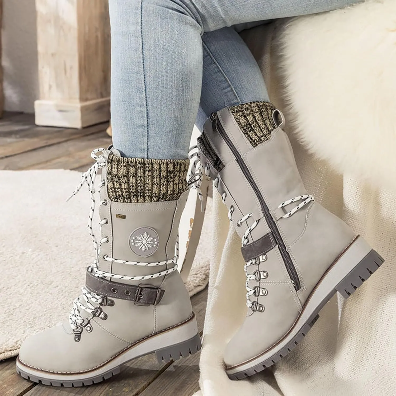 Women Buckle Knitted Mid Calf Boots Winter Warm Lace up Outdoor Casual Cowboy Boots Round Toe Dressy Snow Booties