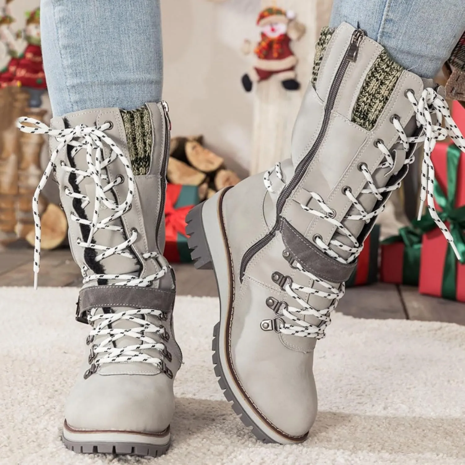 Women Buckle Knitted Mid Calf Boots Winter Warm Lace up Outdoor Casual Cowboy Boots Round Toe Dressy Snow Booties