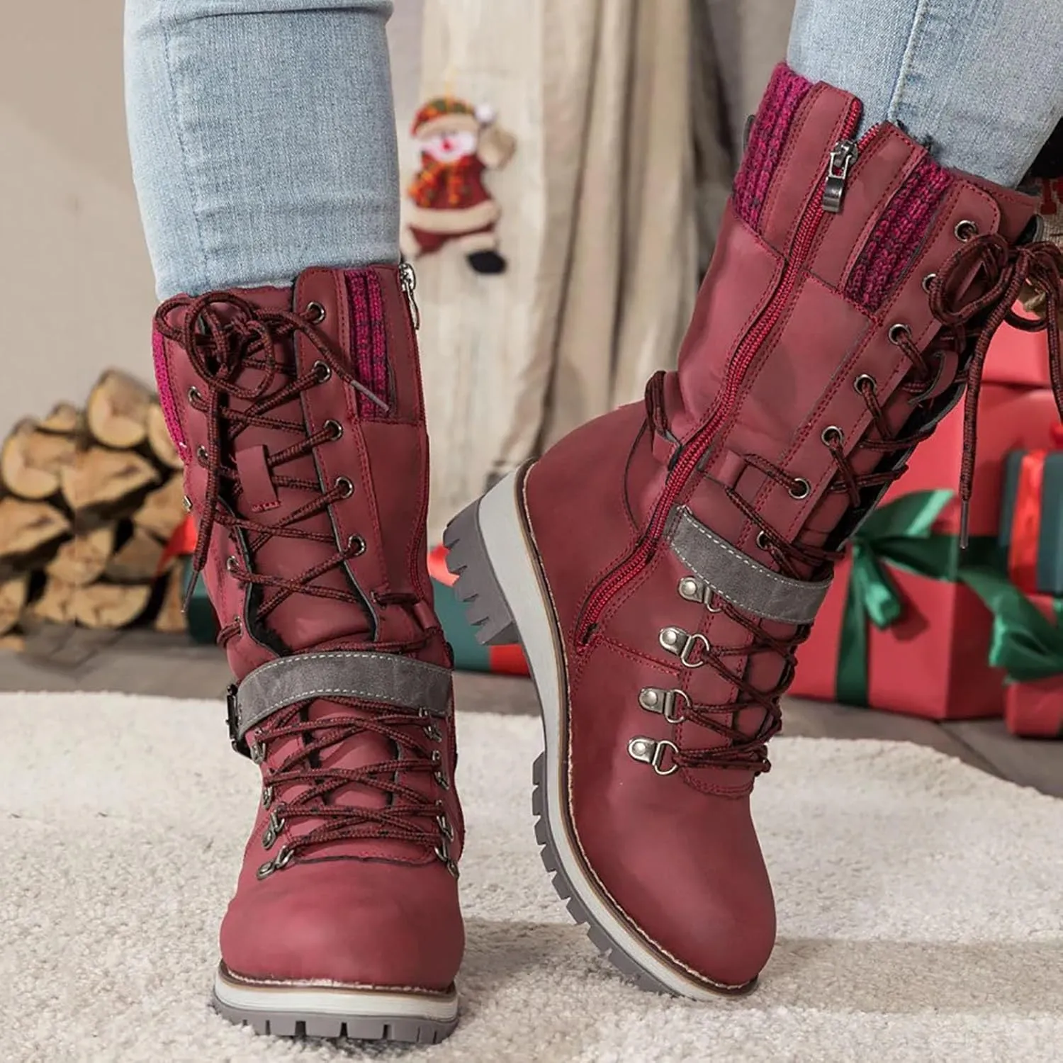 Women Buckle Knitted Mid Calf Boots Winter Warm Lace up Outdoor Casual Cowboy Boots Round Toe Dressy Snow Booties