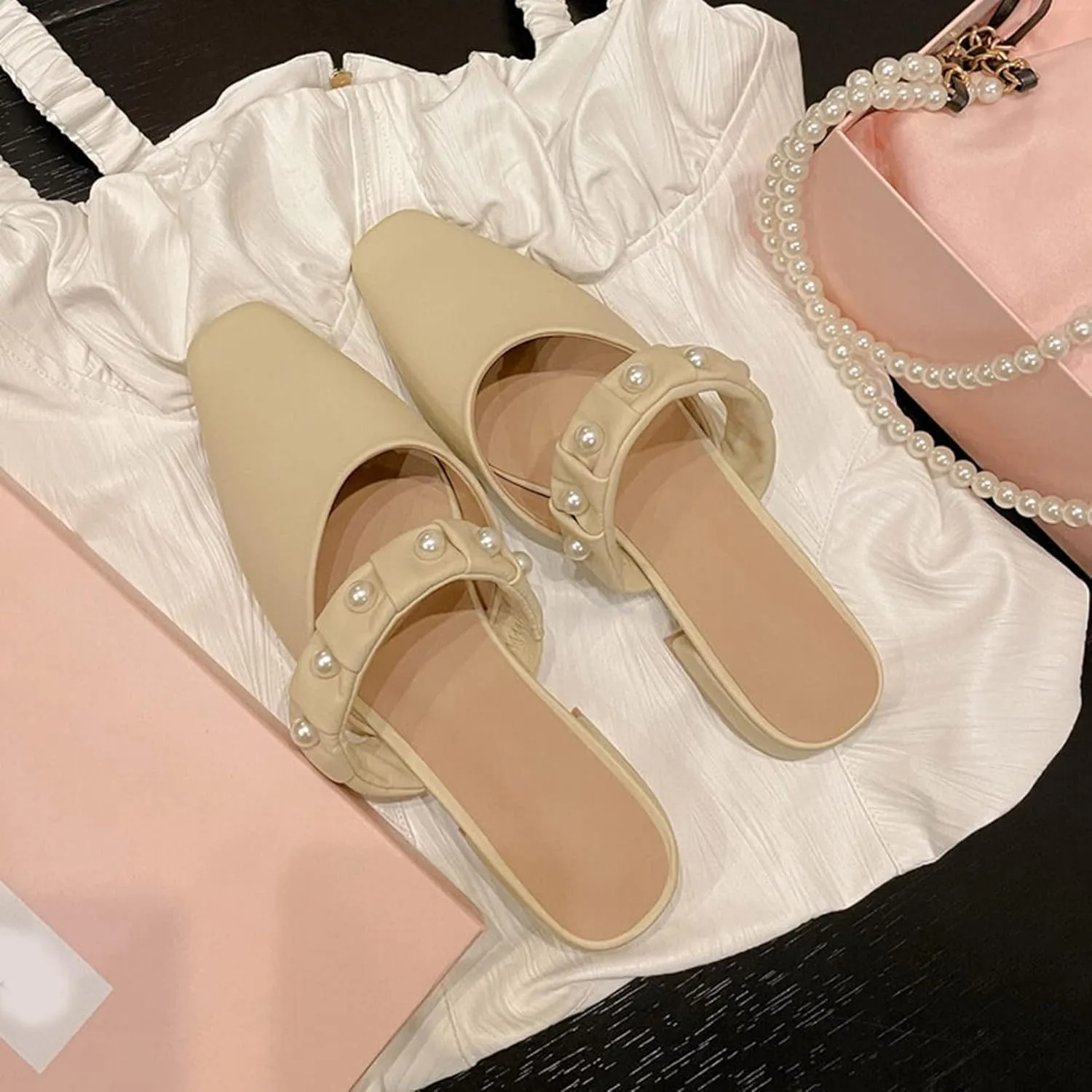 Women Low Heel Mules Sandals Closed Square Toe Pearl Strap Backless Slip on Flat Slide Pumps Shoes