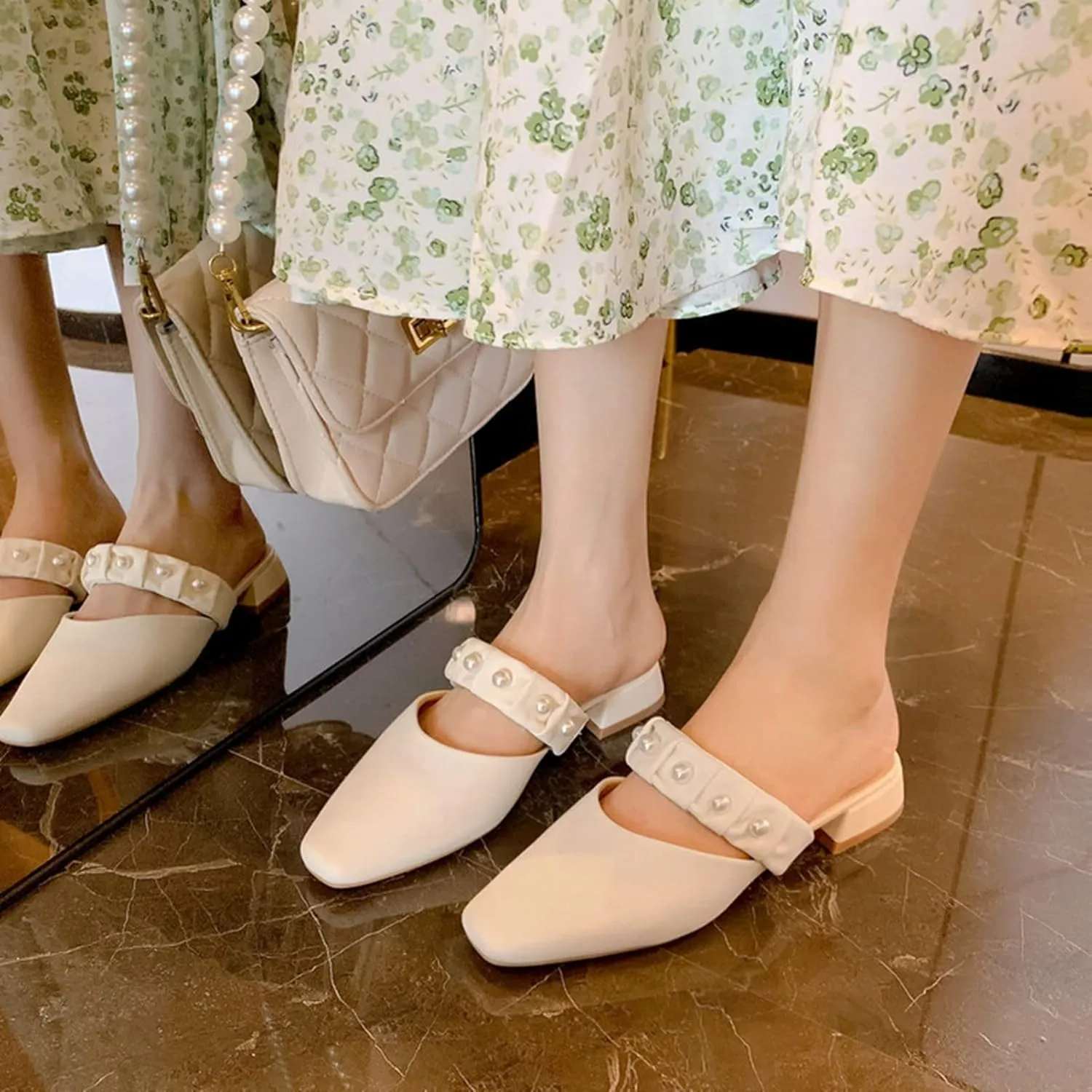 Women Low Heel Mules Sandals Closed Square Toe Pearl Strap Backless Slip on Flat Slide Pumps Shoes