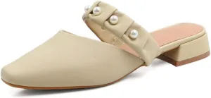 Women Low Heel Mules Sandals Closed Square Toe Pearl Strap Backless Slip on Flat Slide Pumps Shoes