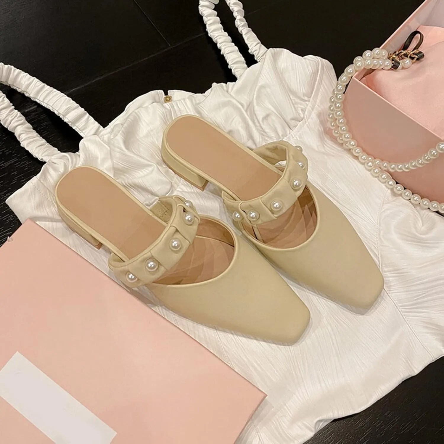 Women Low Heel Mules Sandals Closed Square Toe Pearl Strap Backless Slip on Flat Slide Pumps Shoes
