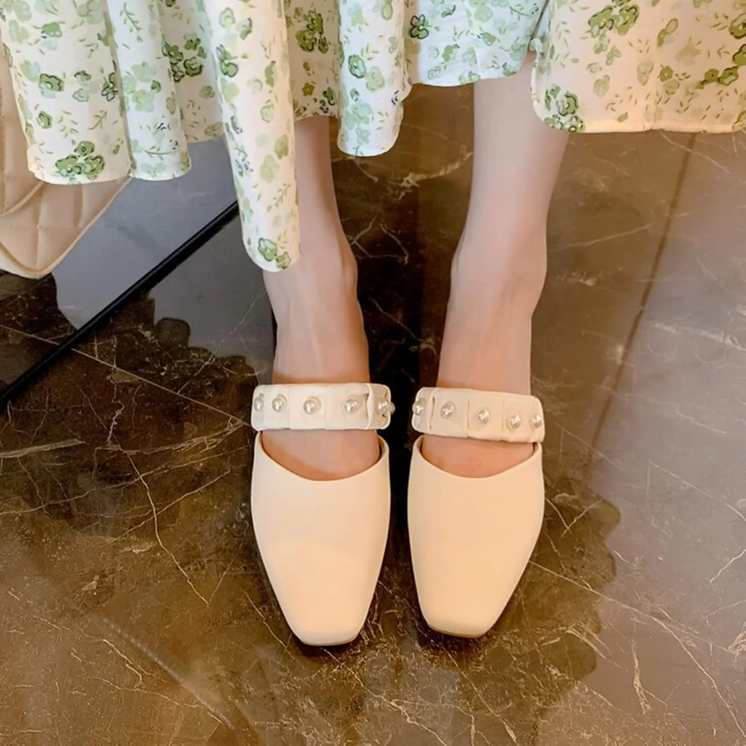 Women Low Heel Mules Sandals Closed Square Toe Pearl Strap Backless Slip on Flat Slide Pumps Shoes