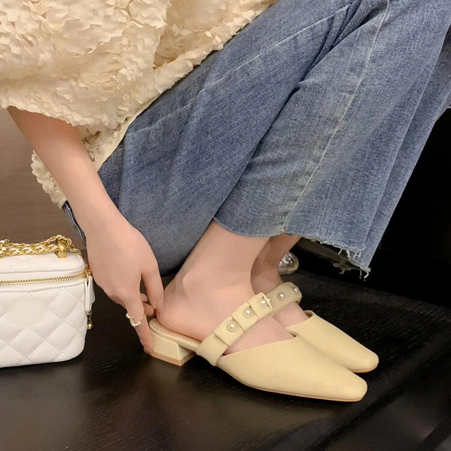 Women Low Heel Mules Sandals Closed Square Toe Pearl Strap Backless Slip on Flat Slide Pumps Shoes