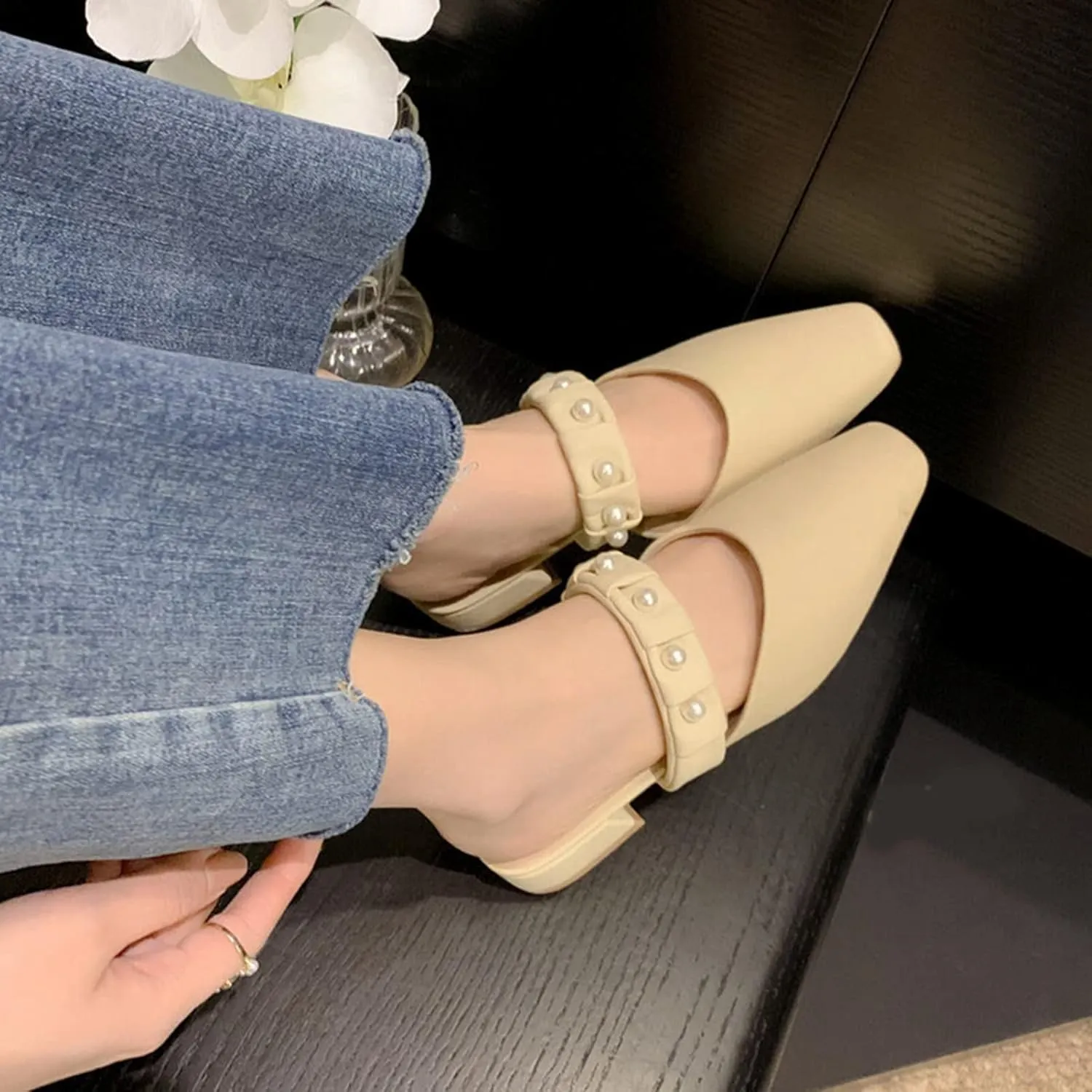 Women Low Heel Mules Sandals Closed Square Toe Pearl Strap Backless Slip on Flat Slide Pumps Shoes