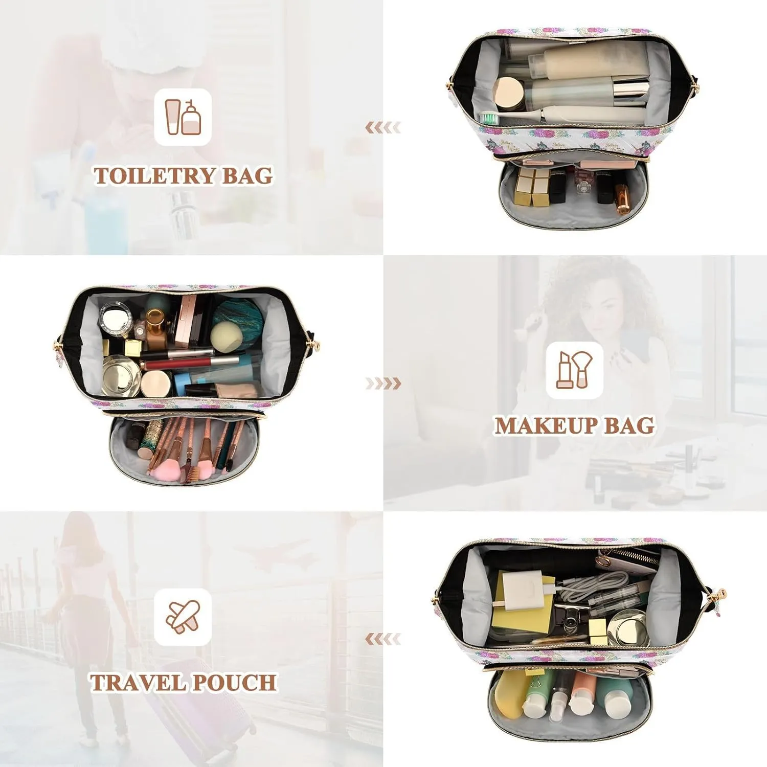Women Wave Quilt Cosmetic Bag, Zipper Toiletry Storage 10.2x5.9x6.7 in, Pouch Handbag Makeup Case Purse Holder Organizer Unicorn With Horn Butterfly Flowers
