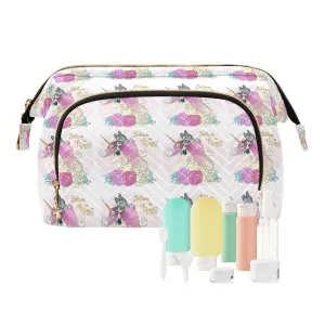 Women Wave Quilt Cosmetic Bag, Zipper Toiletry Storage 10.2x5.9x6.7 in, Pouch Handbag Makeup Case Purse Holder Organizer Unicorn With Horn Butterfly Flowers