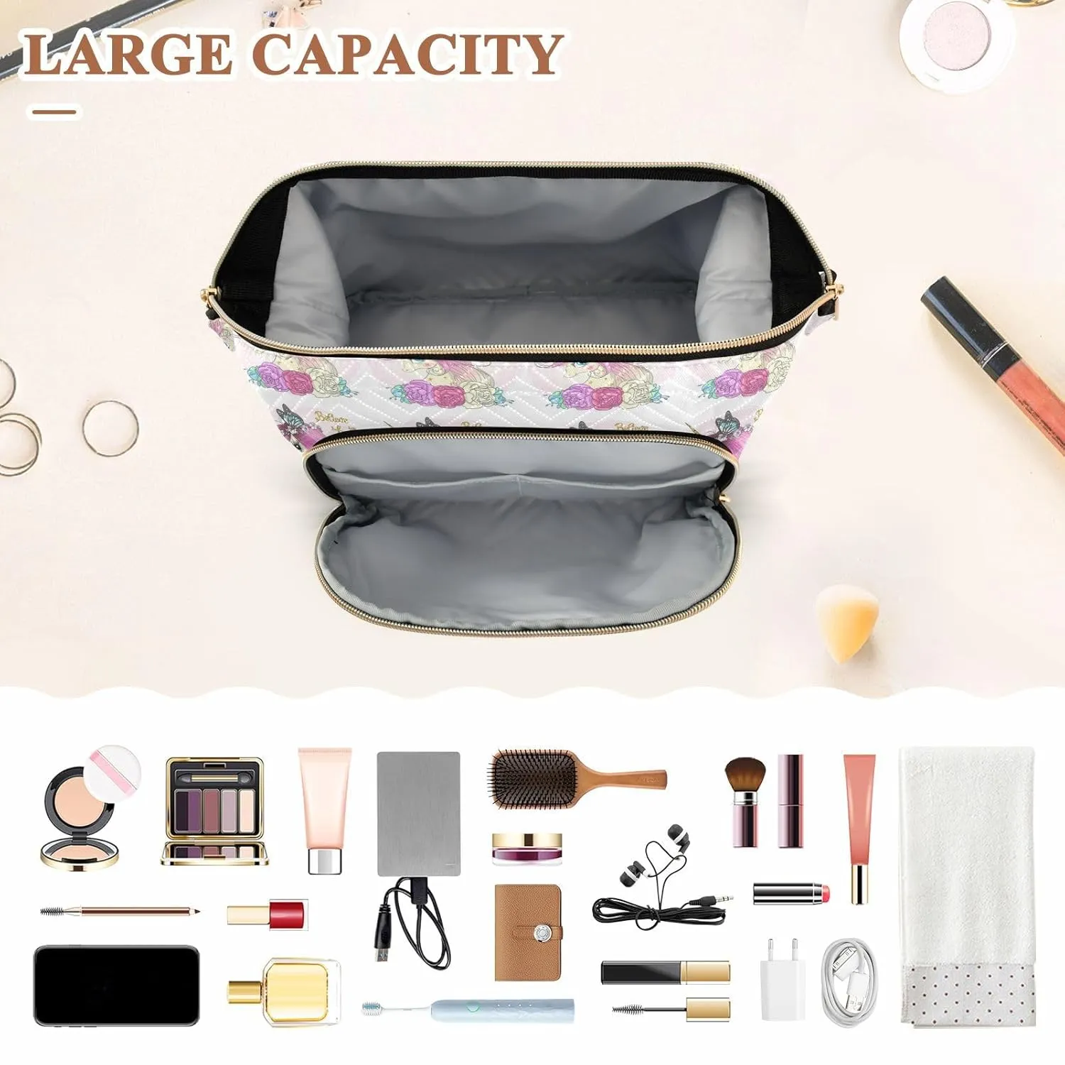 Women Wave Quilt Cosmetic Bag, Zipper Toiletry Storage 10.2x5.9x6.7 in, Pouch Handbag Makeup Case Purse Holder Organizer Unicorn With Horn Butterfly Flowers
