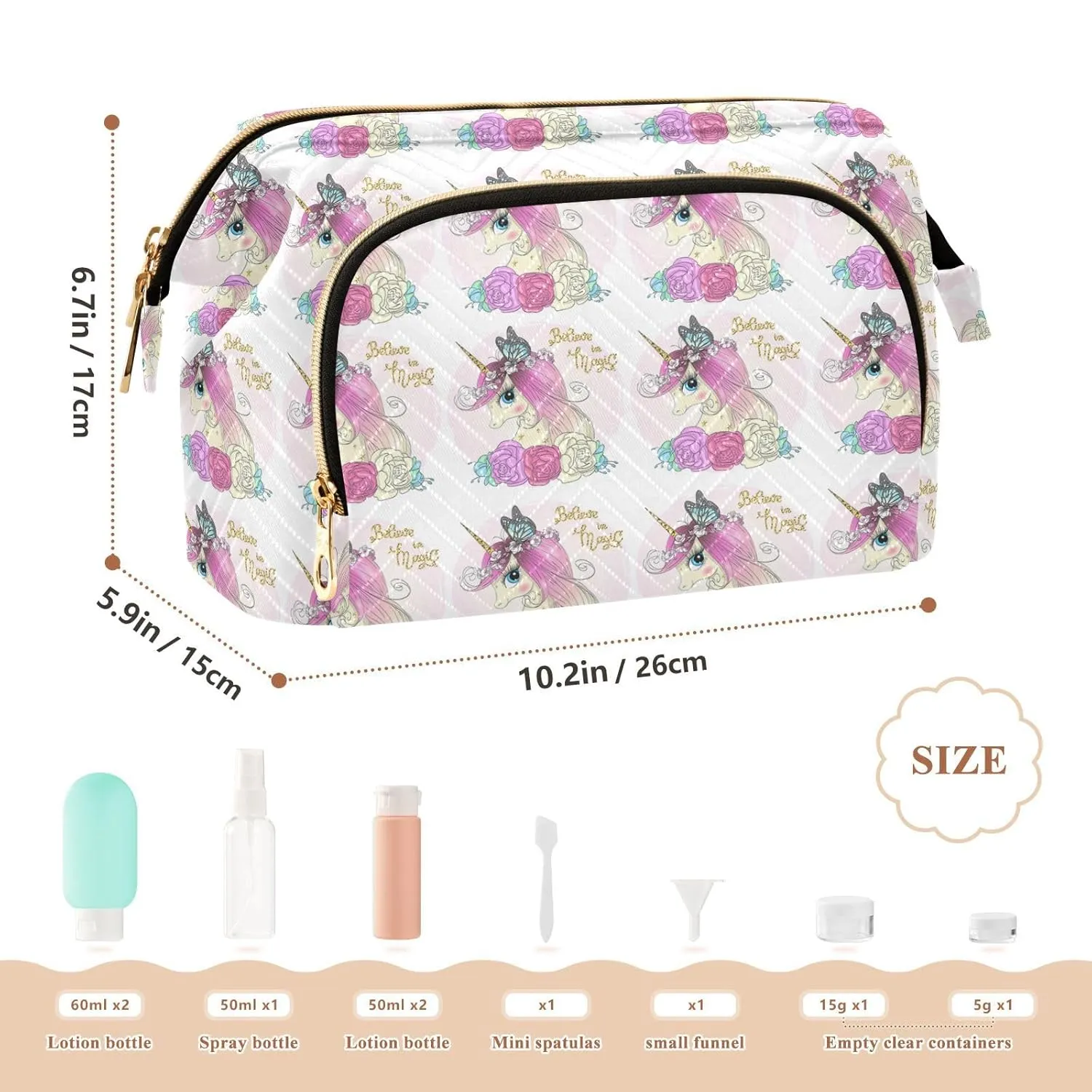 Women Wave Quilt Cosmetic Bag, Zipper Toiletry Storage 10.2x5.9x6.7 in, Pouch Handbag Makeup Case Purse Holder Organizer Unicorn With Horn Butterfly Flowers