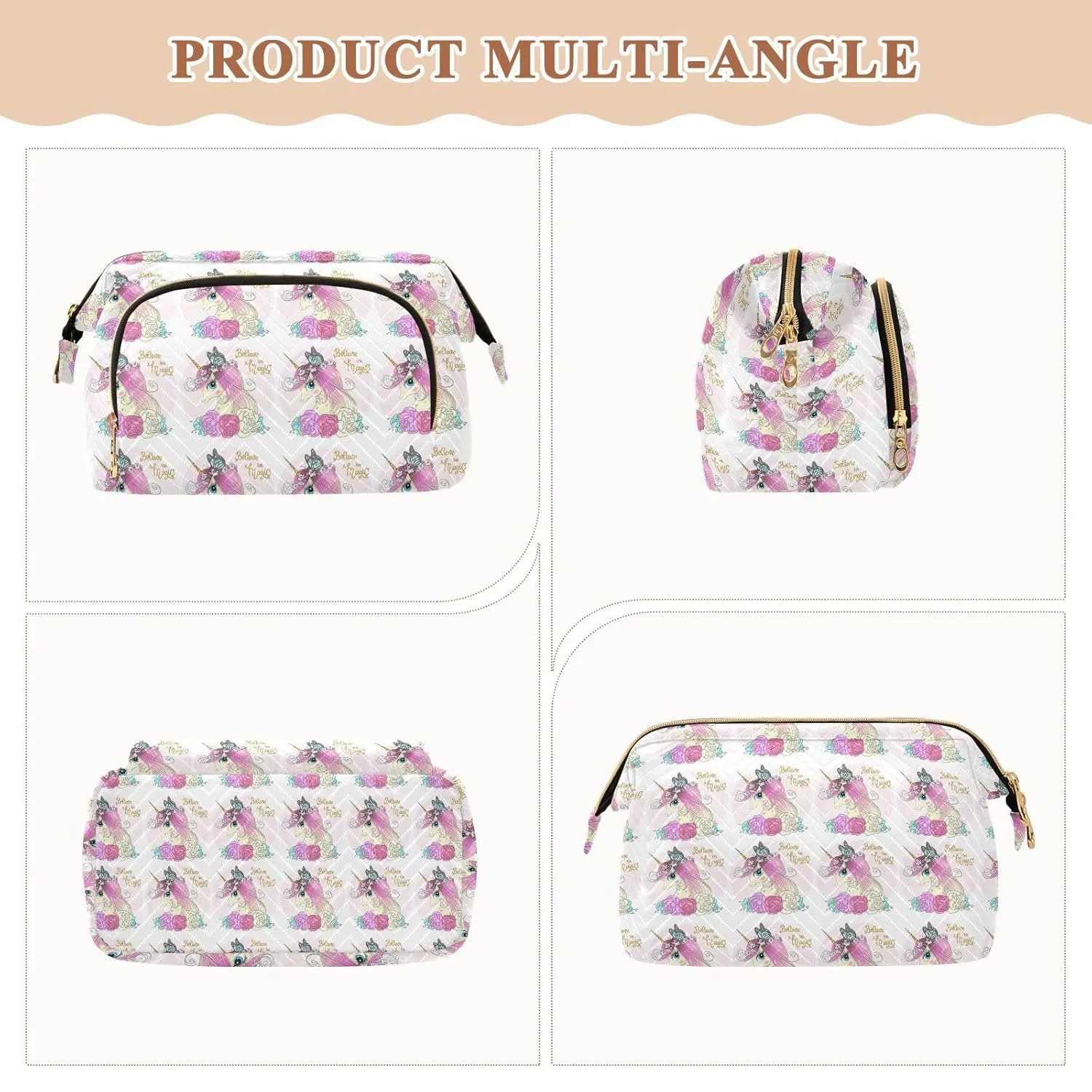 Women Wave Quilt Cosmetic Bag, Zipper Toiletry Storage 10.2x5.9x6.7 in, Pouch Handbag Makeup Case Purse Holder Organizer Unicorn With Horn Butterfly Flowers