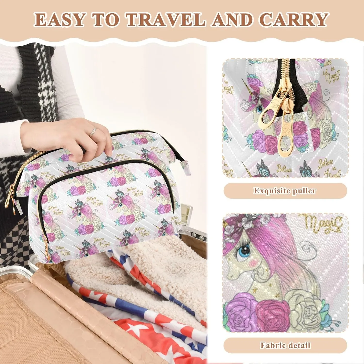 Women Wave Quilt Cosmetic Bag, Zipper Toiletry Storage 10.2x5.9x6.7 in, Pouch Handbag Makeup Case Purse Holder Organizer Unicorn With Horn Butterfly Flowers