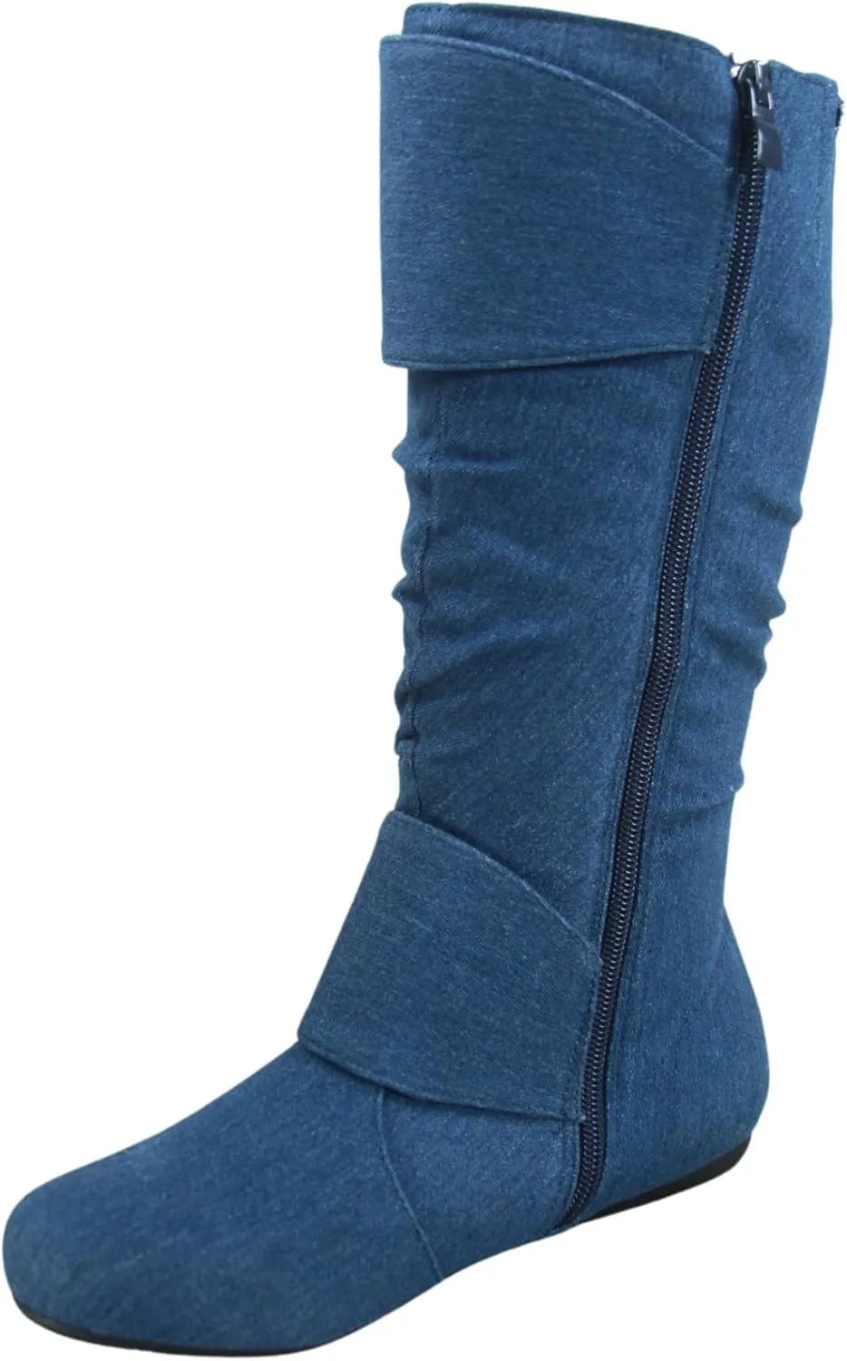 Women's Closed Round Toe Buckle Side Zip Buckle Slouch Flat Heel Mid-Calf Boot