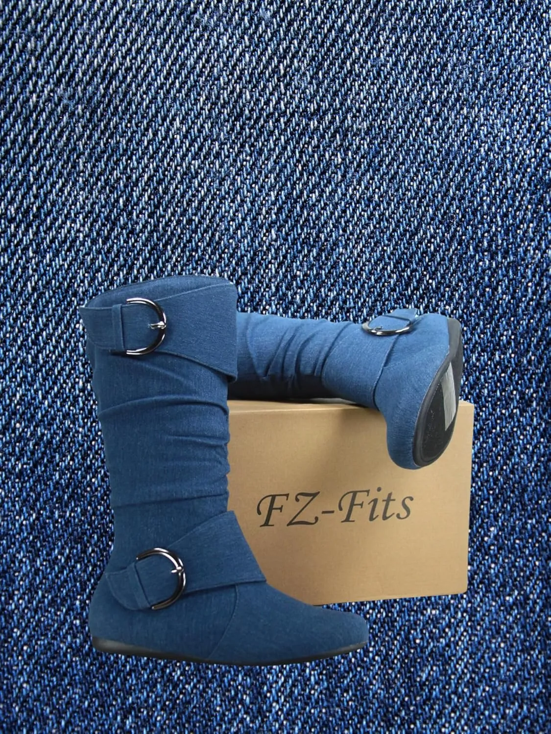 Women's Closed Round Toe Buckle Side Zip Buckle Slouch Flat Heel Mid-Calf Boot