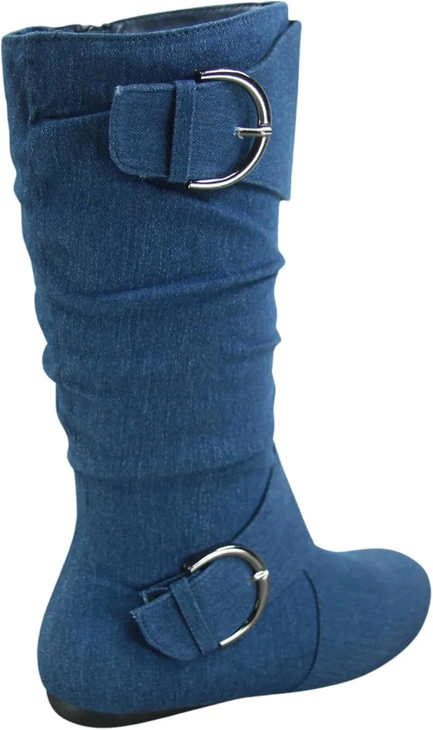 Women's Closed Round Toe Buckle Side Zip Buckle Slouch Flat Heel Mid-Calf Boot
