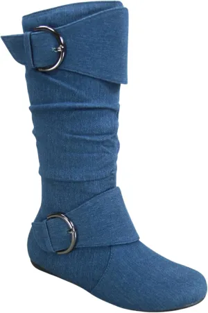 Women's Closed Round Toe Buckle Side Zip Buckle Slouch Flat Heel Mid-Calf Boot