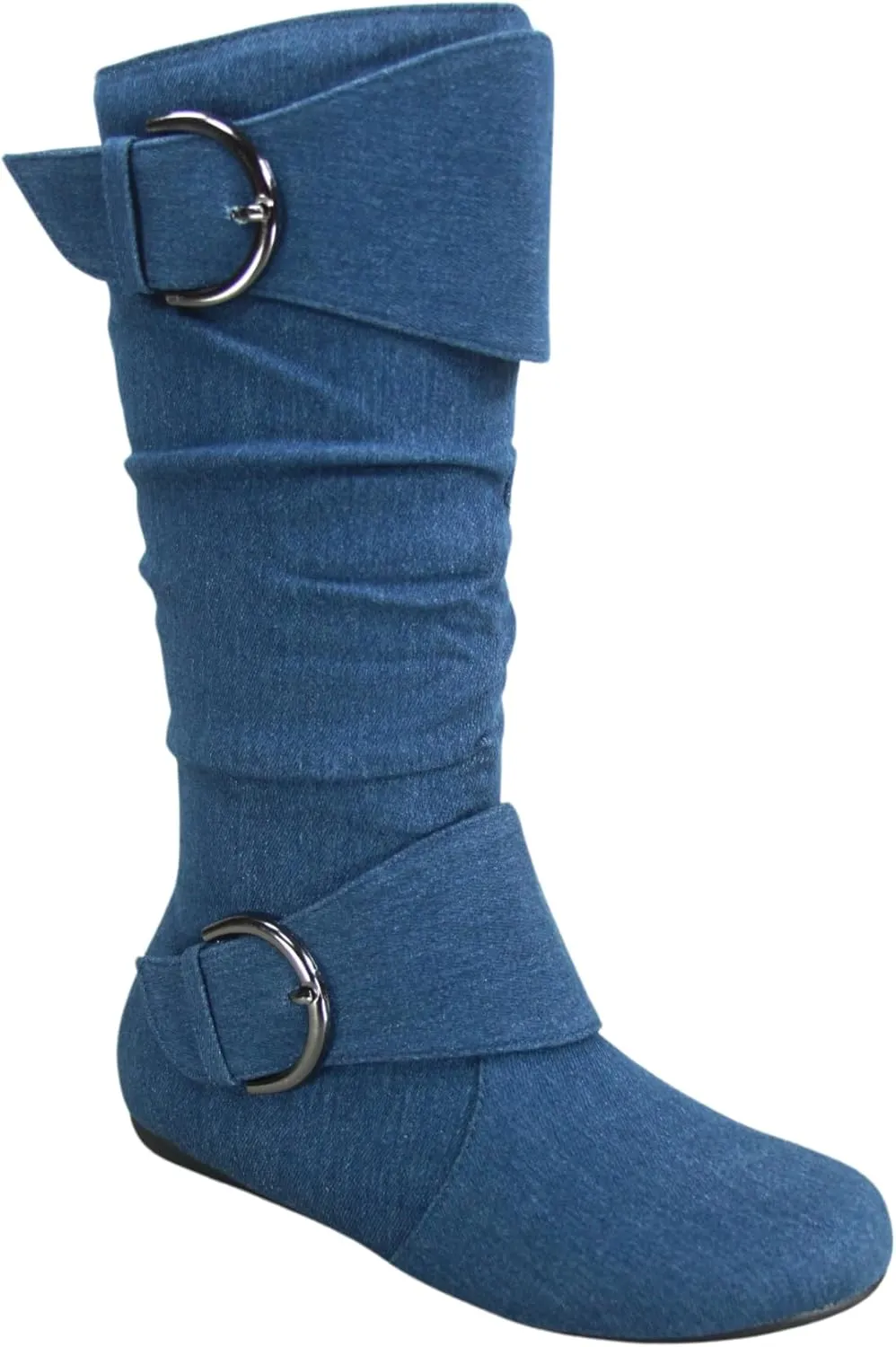Women's Closed Round Toe Buckle Side Zip Buckle Slouch Flat Heel Mid-Calf Boot