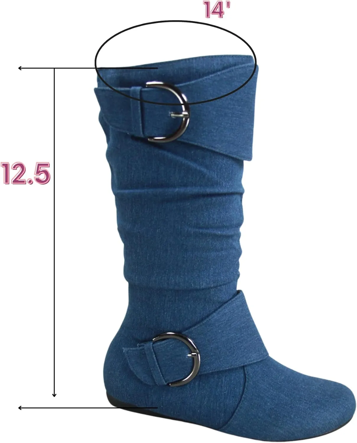 Women's Closed Round Toe Buckle Side Zip Buckle Slouch Flat Heel Mid-Calf Boot
