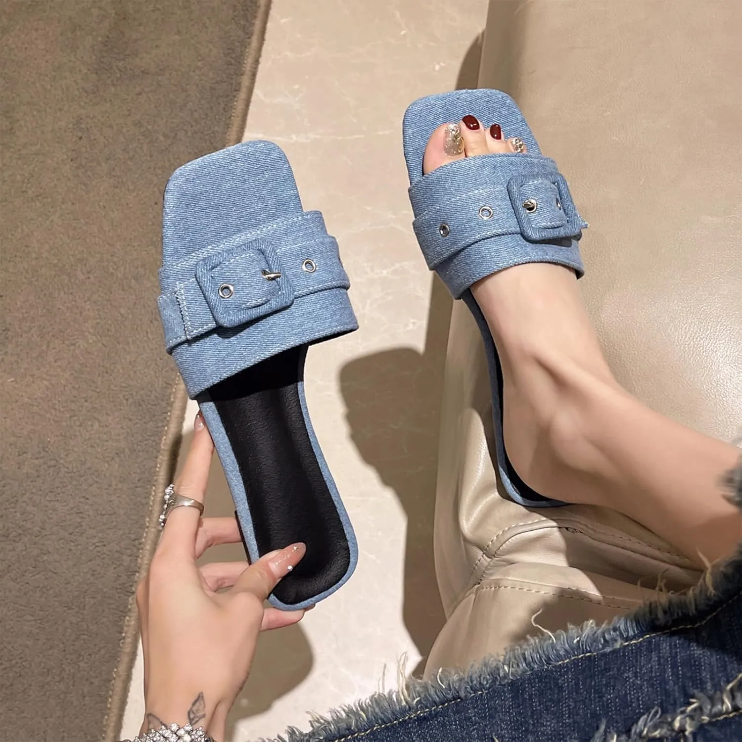 Women's Fashion Denim Cloth Flat Slide Sandals with Square Buttons Summer Square Open Toe Comfort Soft Slip On Slipper for Indoor Outdoor Daily Wear