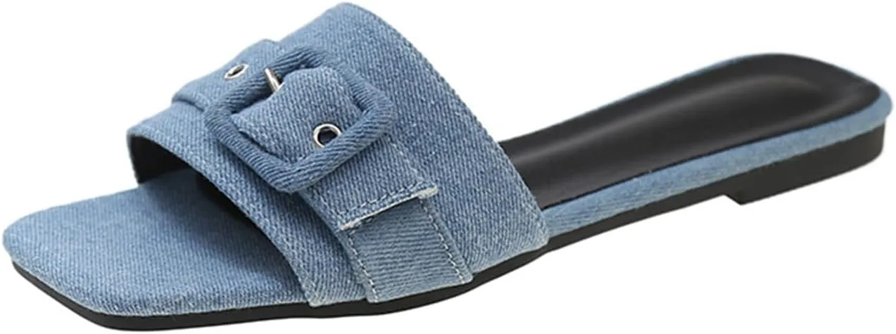 Women's Fashion Denim Cloth Flat Slide Sandals with Square Buttons Summer Square Open Toe Comfort Soft Slip On Slipper for Indoor Outdoor Daily Wear