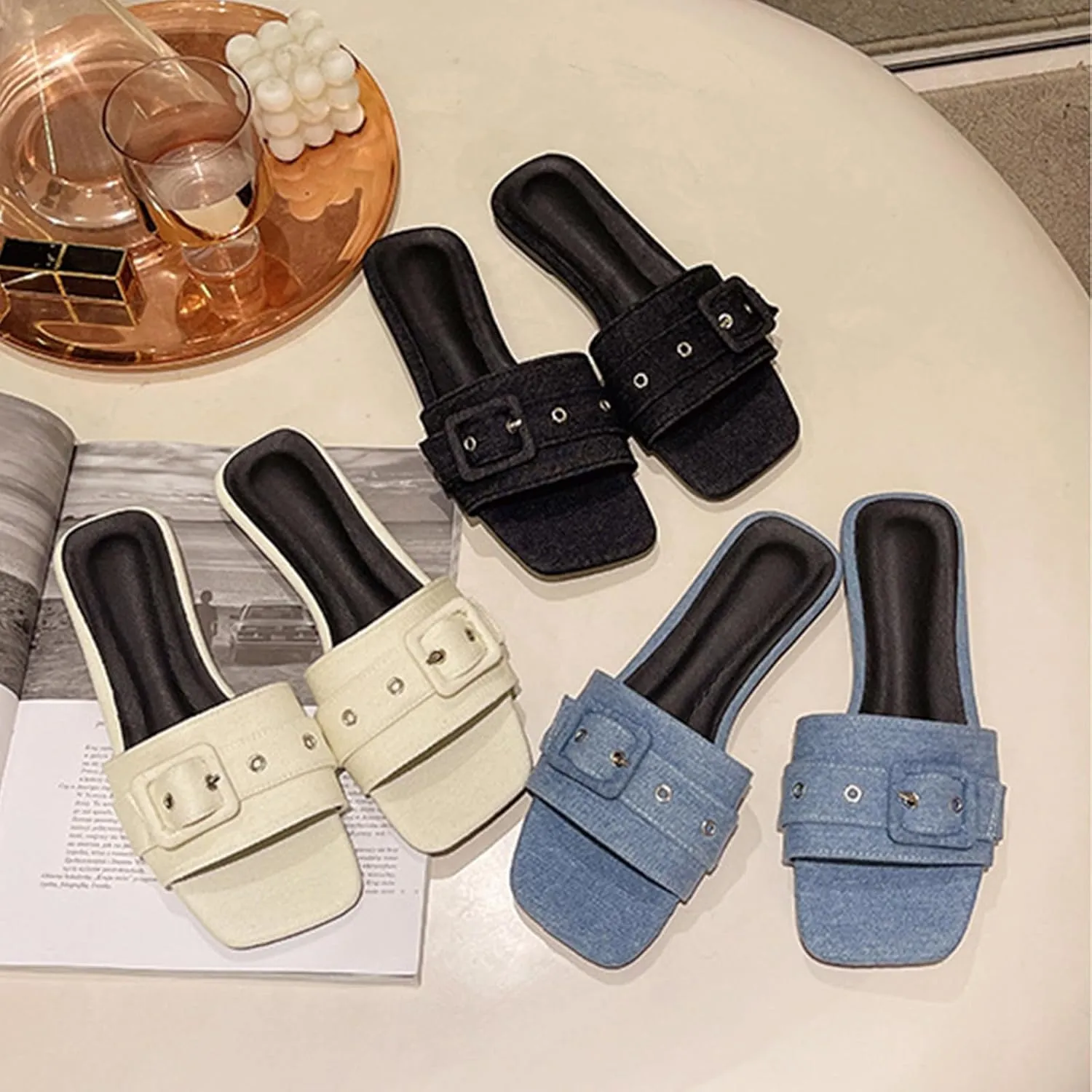 Women's Fashion Denim Cloth Flat Slide Sandals with Square Buttons Summer Square Open Toe Comfort Soft Slip On Slipper for Indoor Outdoor Daily Wear
