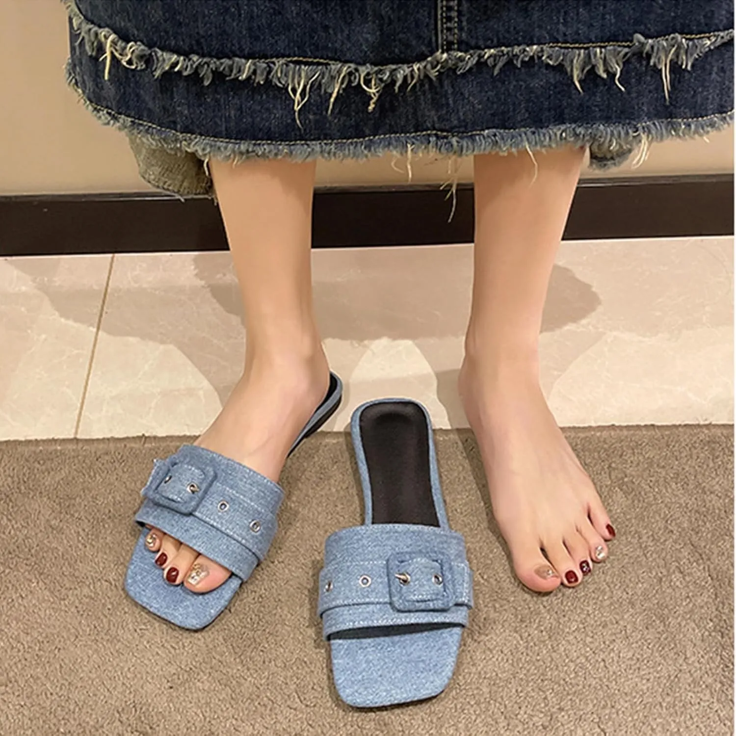 Women's Fashion Denim Cloth Flat Slide Sandals with Square Buttons Summer Square Open Toe Comfort Soft Slip On Slipper for Indoor Outdoor Daily Wear
