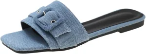 Women's Fashion Denim Cloth Flat Slide Sandals with Square Buttons Summer Square Open Toe Comfort Soft Slip On Slipper for Indoor Outdoor Daily Wear