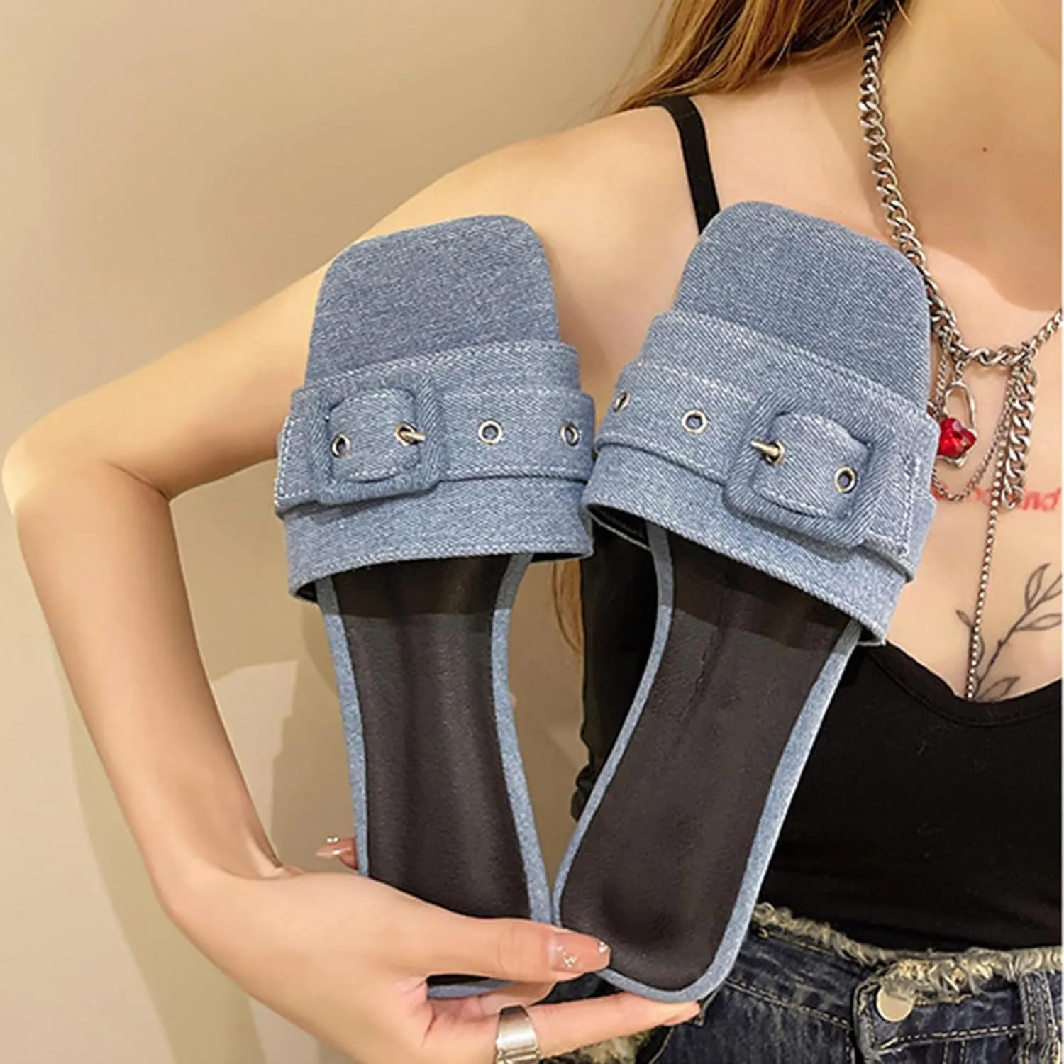 Women's Fashion Denim Cloth Flat Slide Sandals with Square Buttons Summer Square Open Toe Comfort Soft Slip On Slipper for Indoor Outdoor Daily Wear