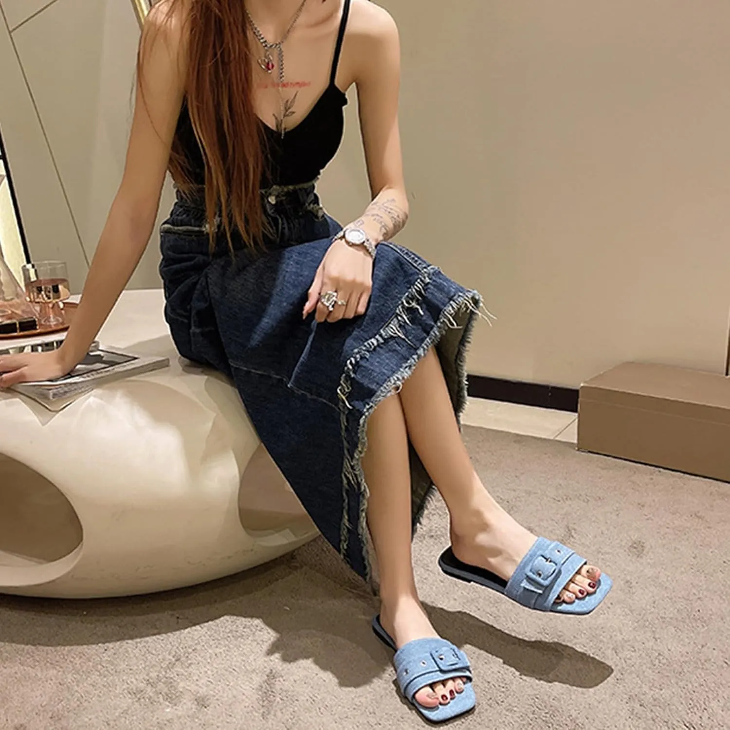 Women's Fashion Denim Cloth Flat Slide Sandals with Square Buttons Summer Square Open Toe Comfort Soft Slip On Slipper for Indoor Outdoor Daily Wear