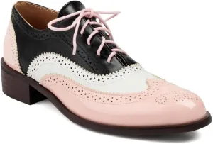 Women's Flat Saddle Oxford Shoes Two Toned Round Toe Wingtip Lace Up Perforated Low Heel School Oxfords Brogues
