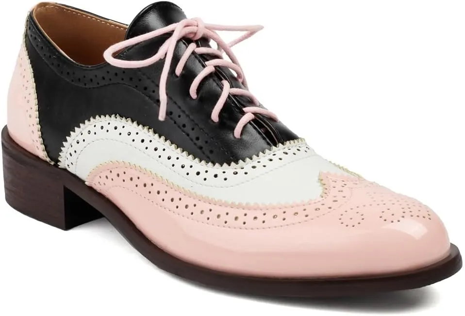 Women's Flat Saddle Oxford Shoes Two Toned Round Toe Wingtip Lace Up Perforated Low Heel School Oxfords Brogues