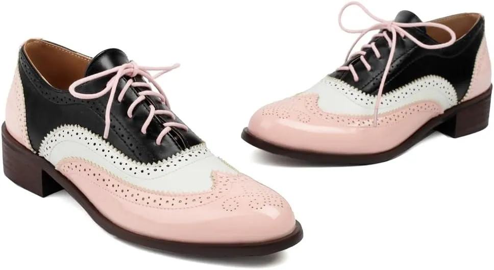 Women's Flat Saddle Oxford Shoes Two Toned Round Toe Wingtip Lace Up Perforated Low Heel School Oxfords Brogues