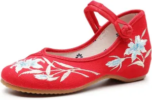 Women's Floral Embroidered Buckle Flat Shoes Handmade Flower Embroidery Round Toe Dress Mary Jane Shoes Cheongsam Shoes