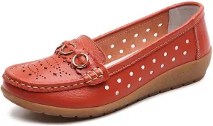 Women's Leather Classic Wedge Moccasins Slip-Ons Casual Walking Driving Cutout Breathable