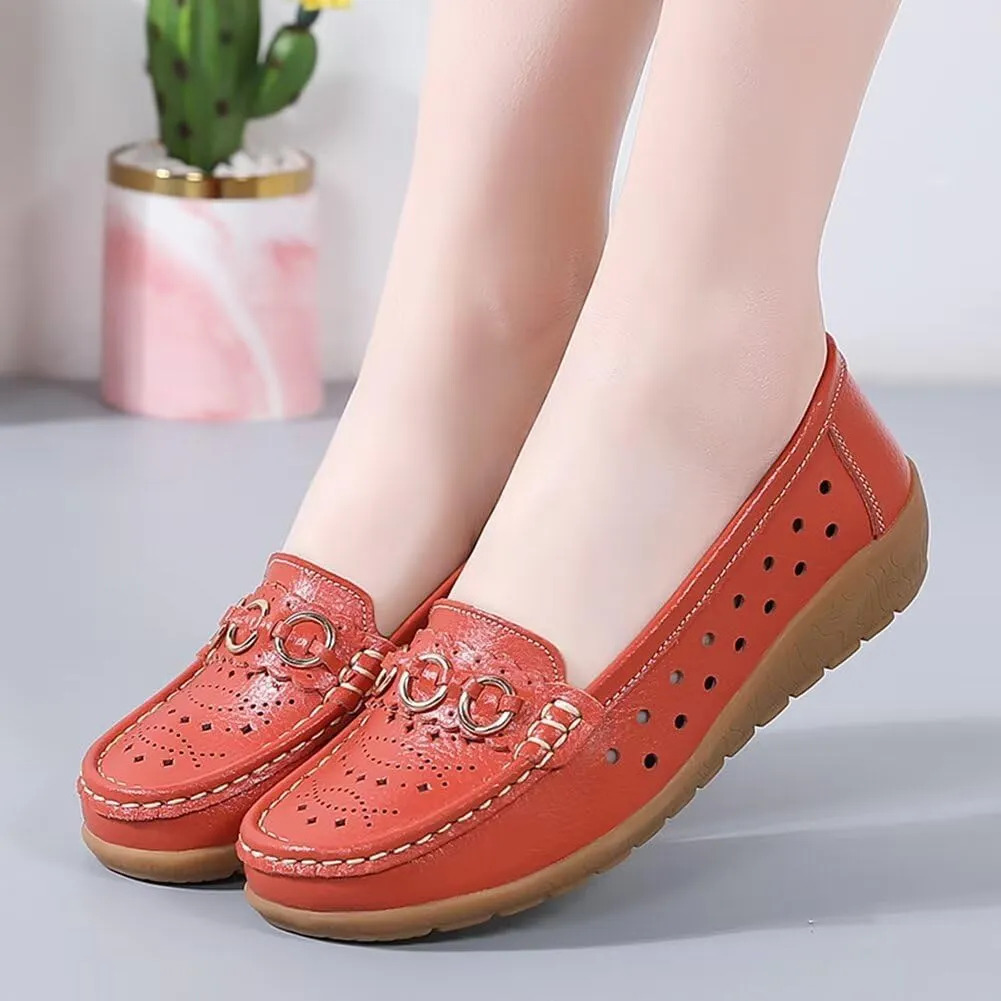 Women's Leather Classic Wedge Moccasins Slip-Ons Casual Walking Driving Cutout Breathable