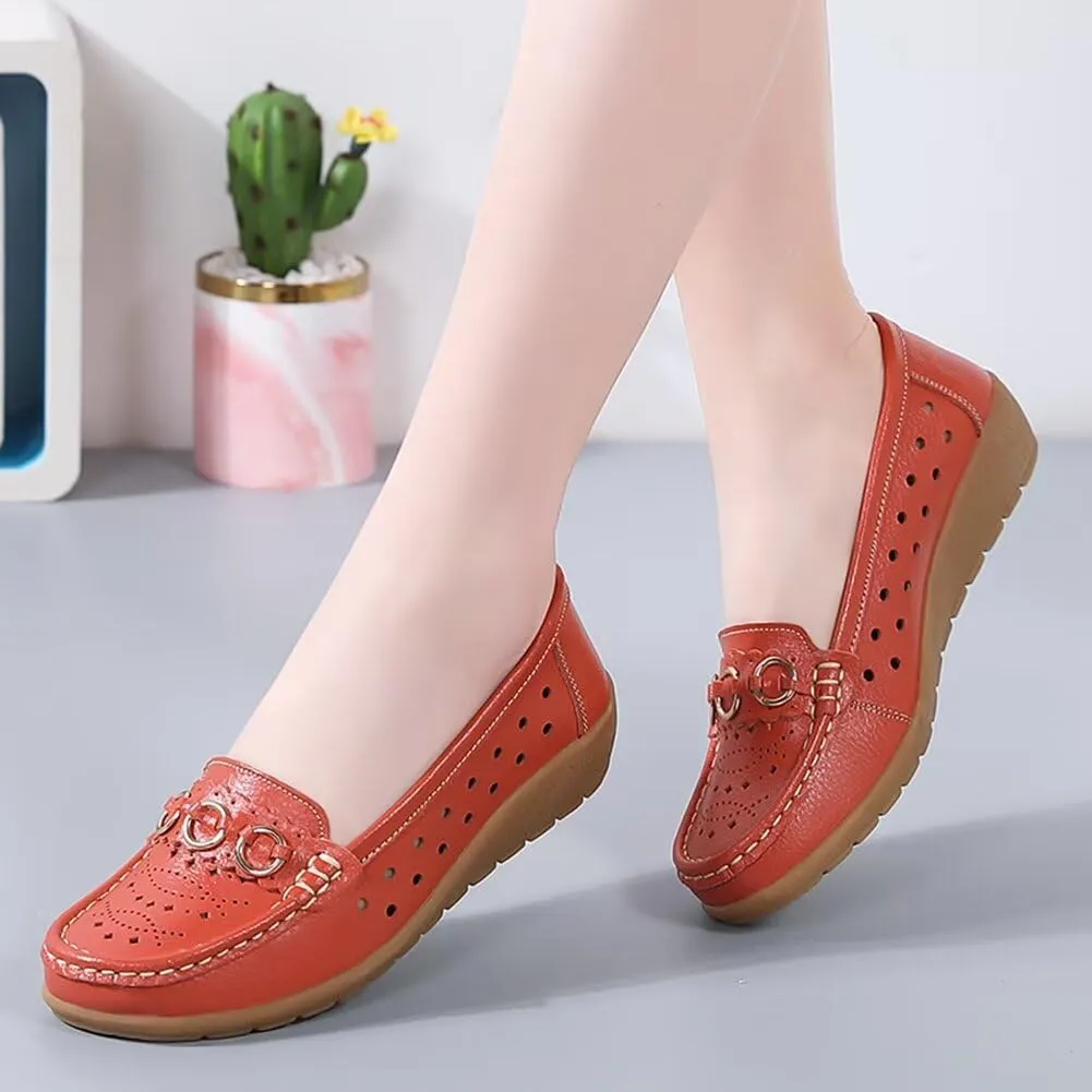 Women's Leather Classic Wedge Moccasins Slip-Ons Casual Walking Driving Cutout Breathable