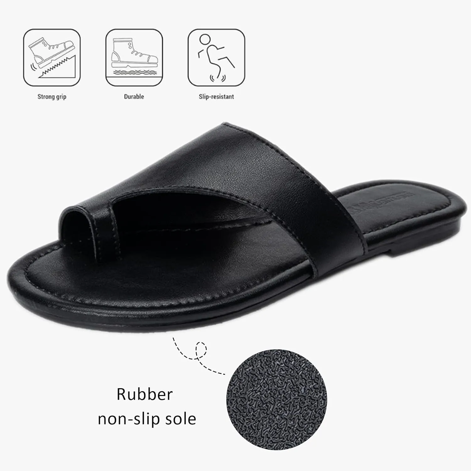 Women's Leather Split Toe Flat Flip Flops Classic Round Toe Low Chunky Heel Comfortable Non-Slip Slip On Outdoor Slides Sandals Summer Beach Walking Casual Dress Slippers