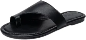 Women's Leather Split Toe Flat Flip Flops Classic Round Toe Low Chunky Heel Comfortable Non-Slip Slip On Outdoor Slides Sandals Summer Beach Walking Casual Dress Slippers