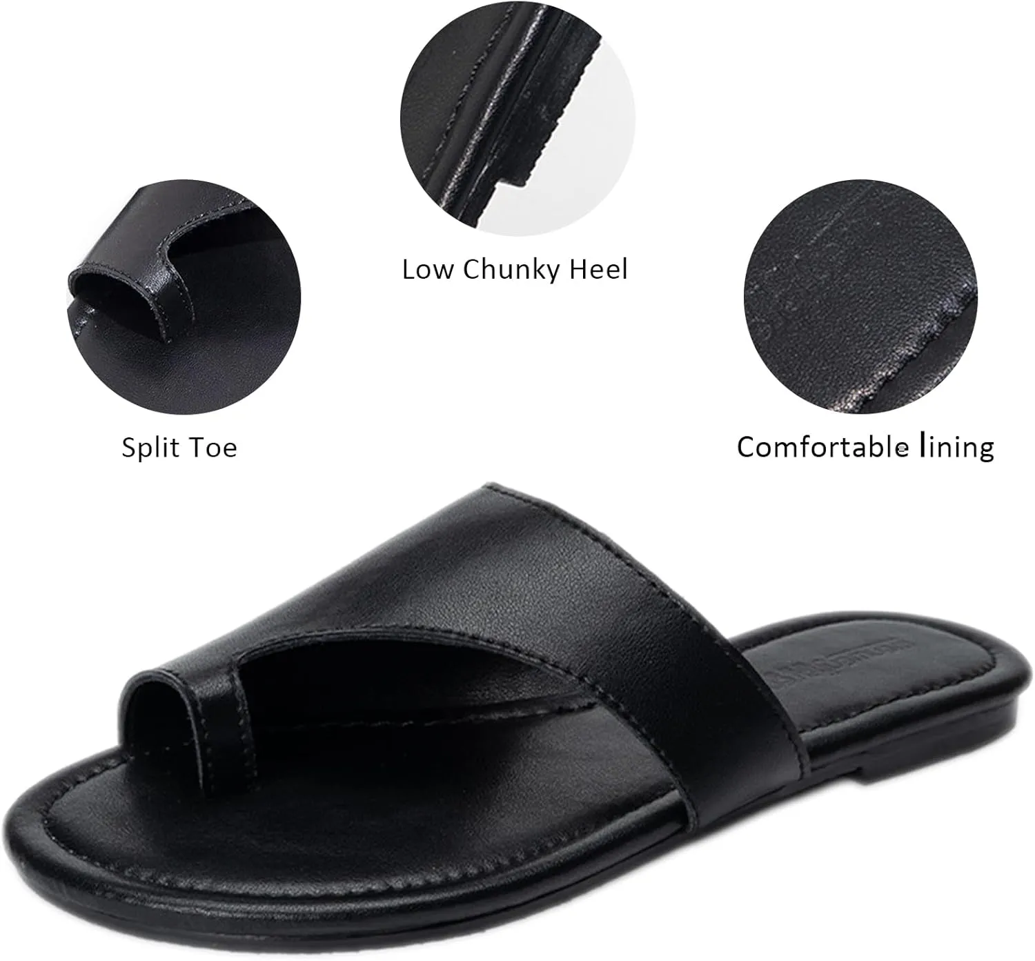 Women's Leather Split Toe Flat Flip Flops Classic Round Toe Low Chunky Heel Comfortable Non-Slip Slip On Outdoor Slides Sandals Summer Beach Walking Casual Dress Slippers