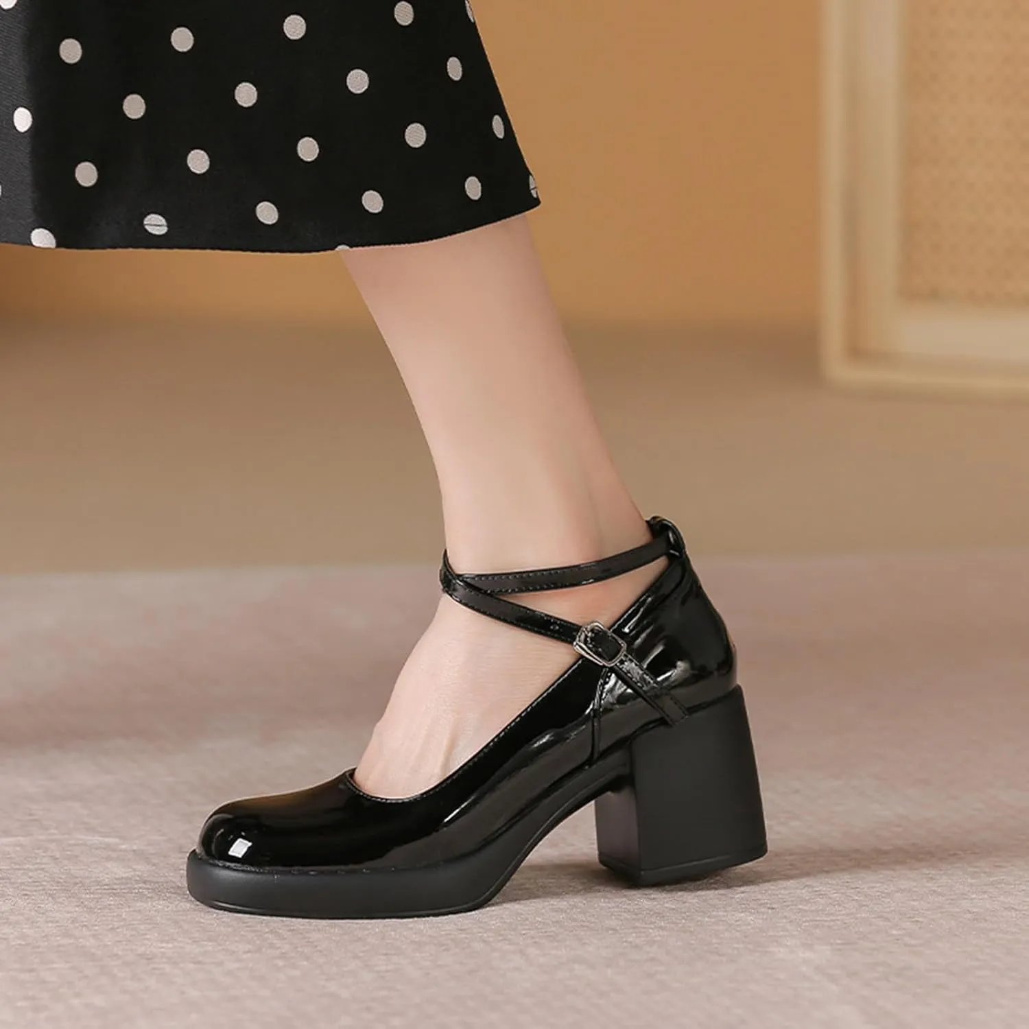 Women's Patent Leather Platform Chunky Heel Mary Jane Pumps,Closed Round Toe Cute Ankle Strap Comfortable Block Heel Dress Shoes, Formal Wedding Party Pumps Shoes