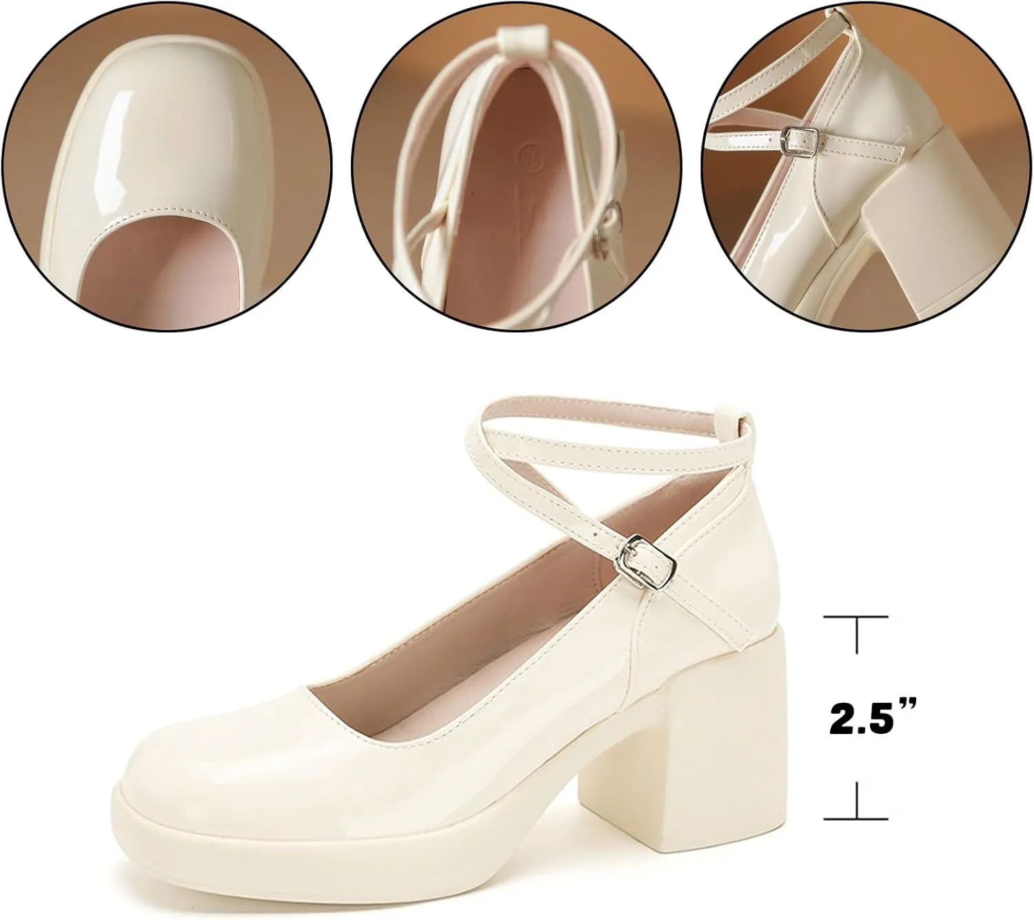 Women's Patent Leather Platform Chunky Heel Mary Jane Pumps,Closed Round Toe Cute Ankle Strap Comfortable Block Heel Dress Shoes, Formal Wedding Party Pumps Shoes