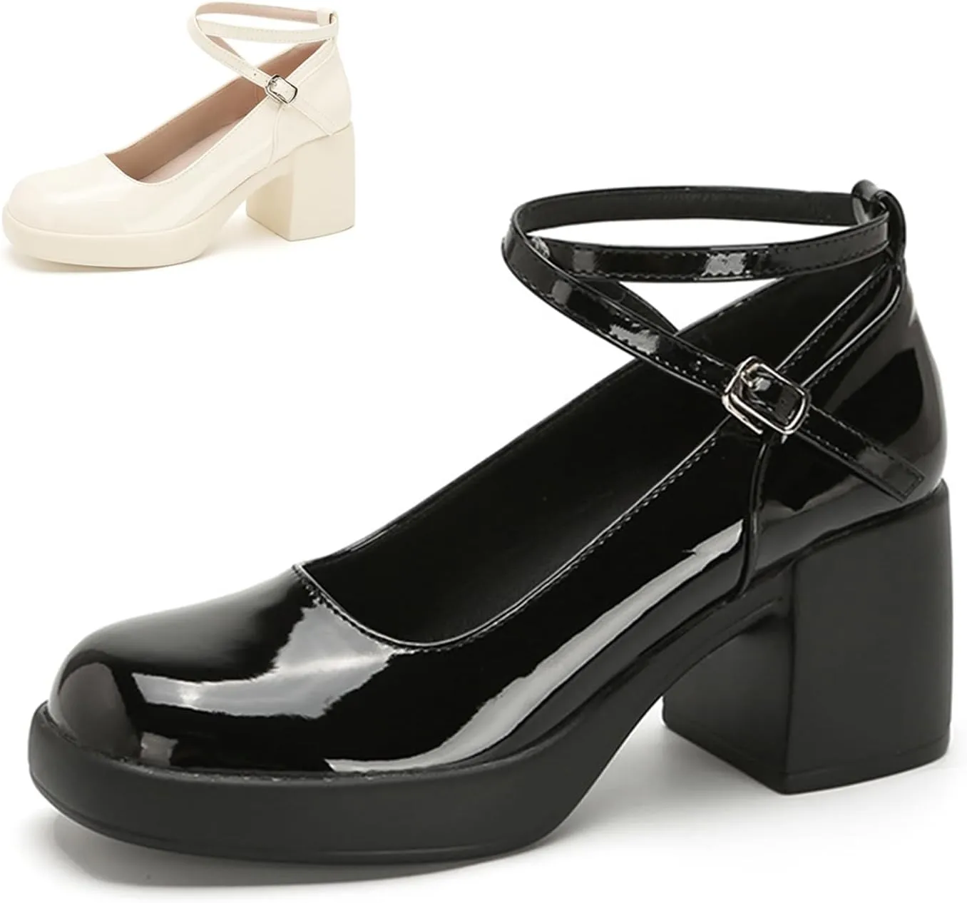 Women's Patent Leather Platform Chunky Heel Mary Jane Pumps,Closed Round Toe Cute Ankle Strap Comfortable Block Heel Dress Shoes, Formal Wedding Party Pumps Shoes