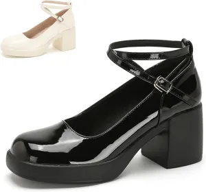 Women's Patent Leather Platform Chunky Heel Mary Jane Pumps,Closed Round Toe Cute Ankle Strap Comfortable Block Heel Dress Shoes, Formal Wedding Party Pumps Shoes