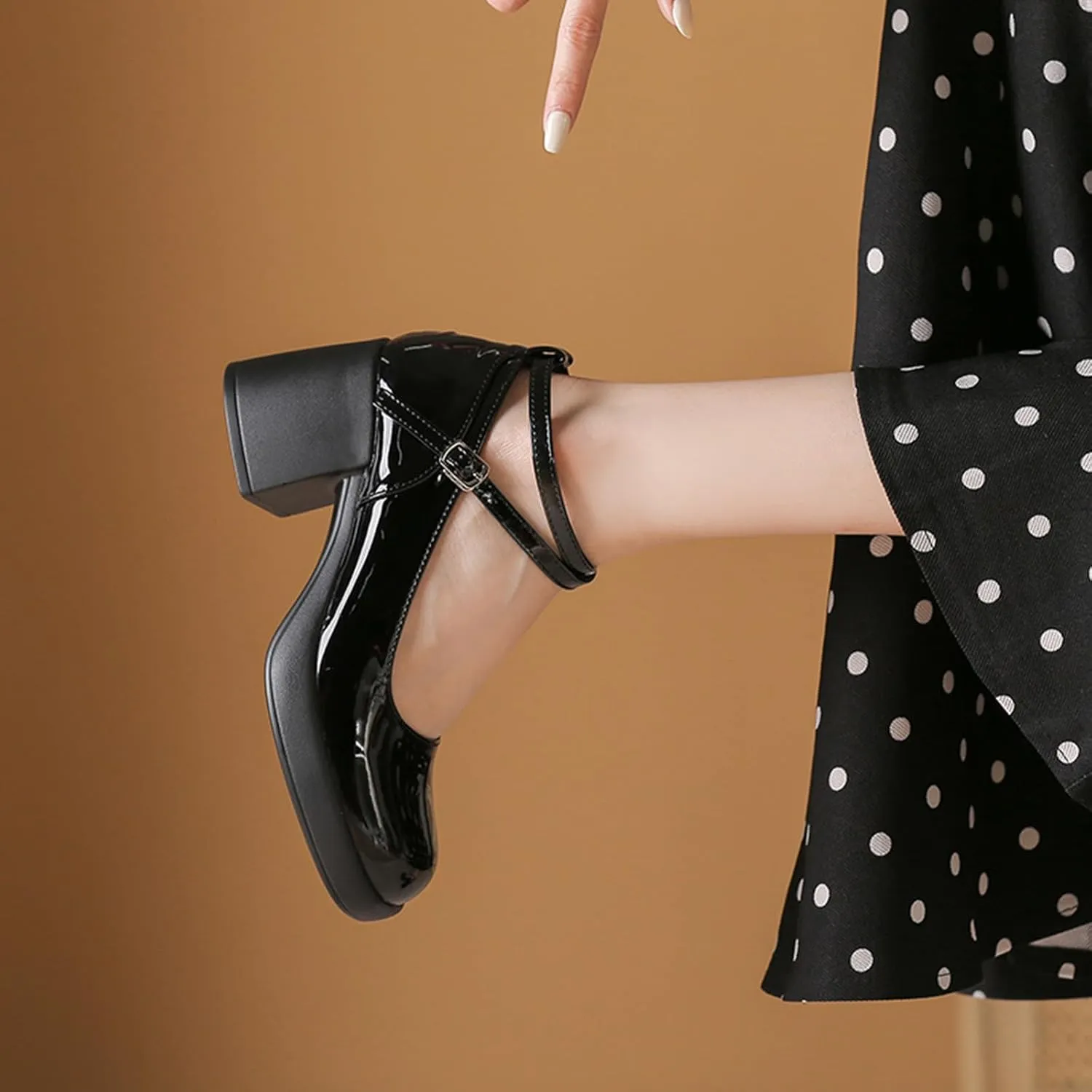 Women's Patent Leather Platform Chunky Heel Mary Jane Pumps,Closed Round Toe Cute Ankle Strap Comfortable Block Heel Dress Shoes, Formal Wedding Party Pumps Shoes