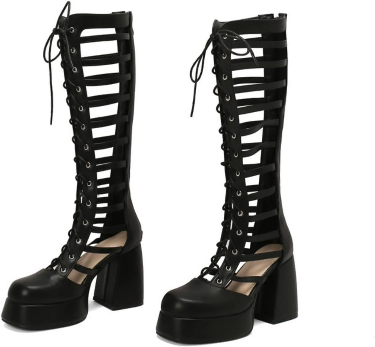 Women's Platform Chunky Heel Block Knee High Boots Square Closed Toe Lace Up Hollow Out Long Boots Back Zipper Low Heel Gladiator Sandals Booties