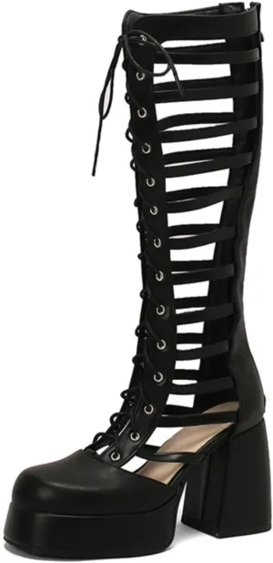Women's Platform Chunky Heel Block Knee High Boots Square Closed Toe Lace Up Hollow Out Long Boots Back Zipper Low Heel Gladiator Sandals Booties
