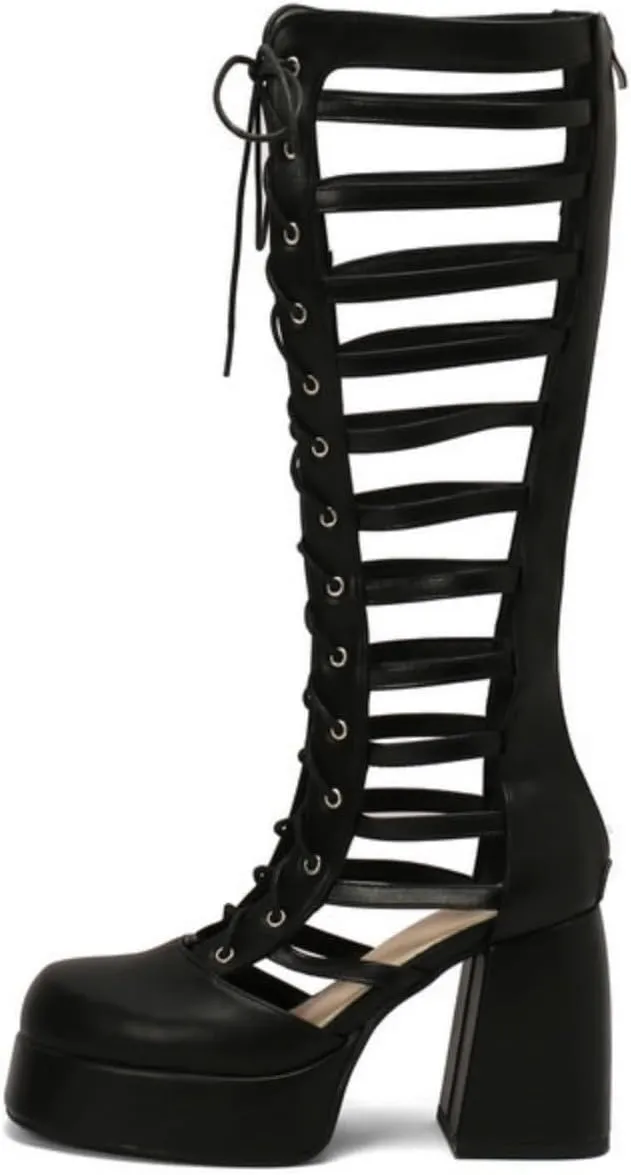 Women's Platform Chunky Heel Block Knee High Boots Square Closed Toe Lace Up Hollow Out Long Boots Back Zipper Low Heel Gladiator Sandals Booties
