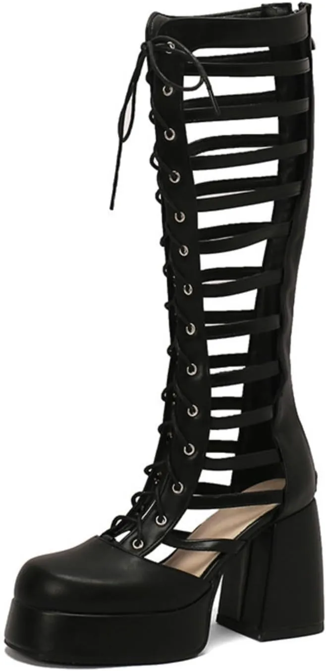 Women's Platform Chunky Heel Block Knee High Boots Square Closed Toe Lace Up Hollow Out Long Boots Back Zipper Low Heel Gladiator Sandals Booties