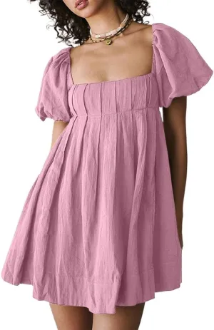 Womens Puffy Sleeve Tie Back Mini Dress Babydoll Ruffle A Line Smocked Cottagecore Y2k Beach Vacation Boho Sundress