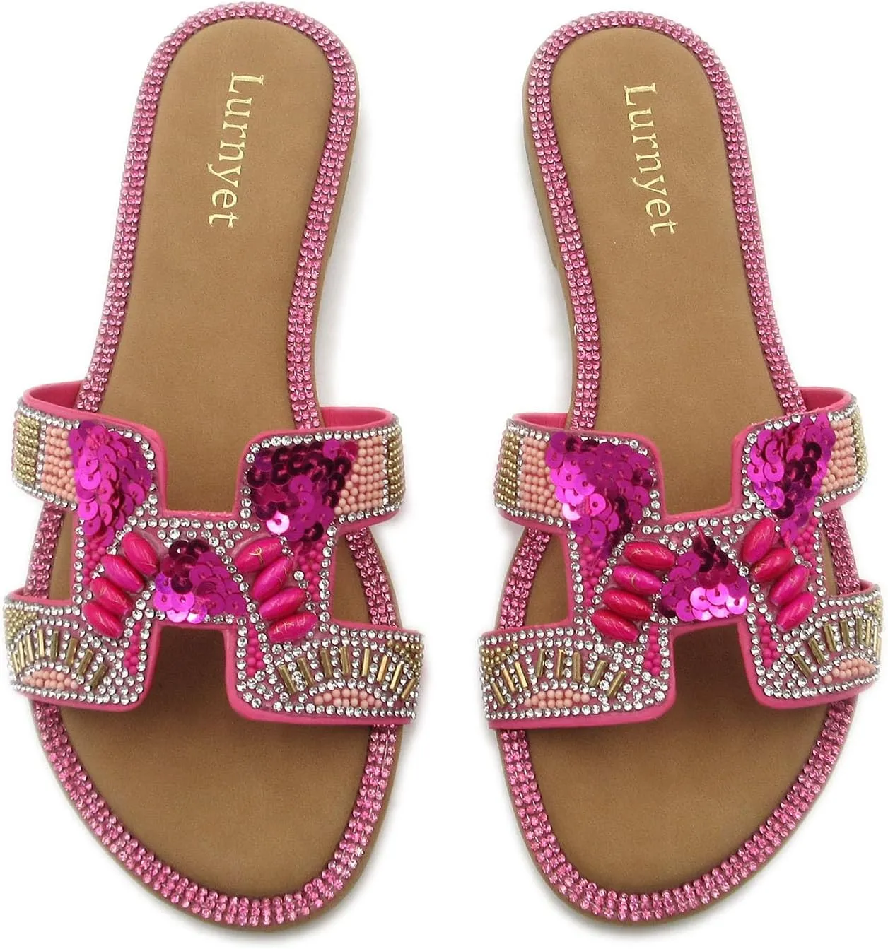 Women's Rhinestone Embellished Comfort Cushion Slide Flat Sandals with Sequin and Crystal Beaded: Stylish Design, Non-Slip Rubber Sole, Latex Insole for Comfort, Perfect for Parties, Gatherings, Casual Wear, Vacations, and Beach Days